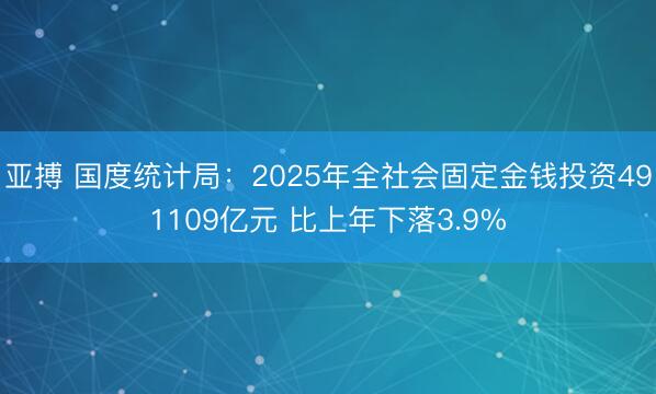 亚搏 国度统计局:2025年全社会固定金钱投资491109亿元 比上年下落3.9%